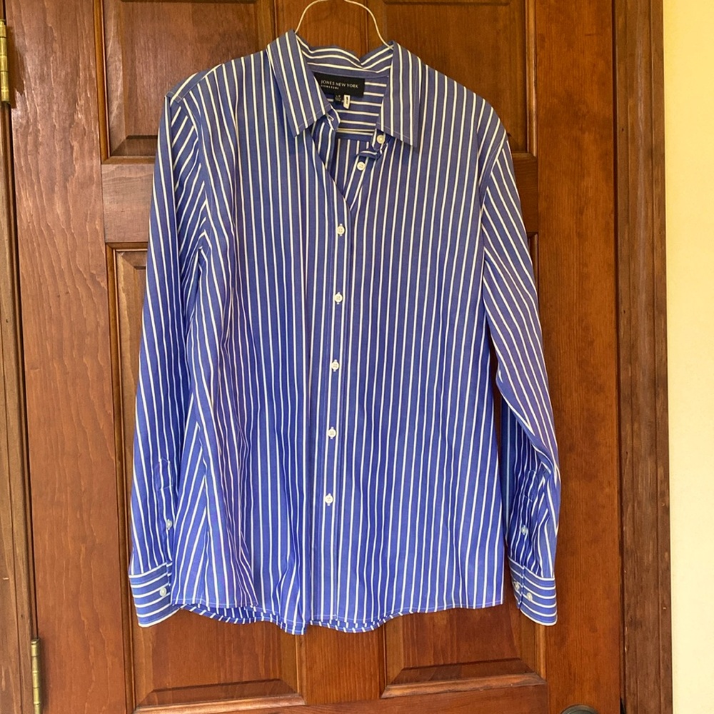Jones New York striped blue and white, button down blouse.